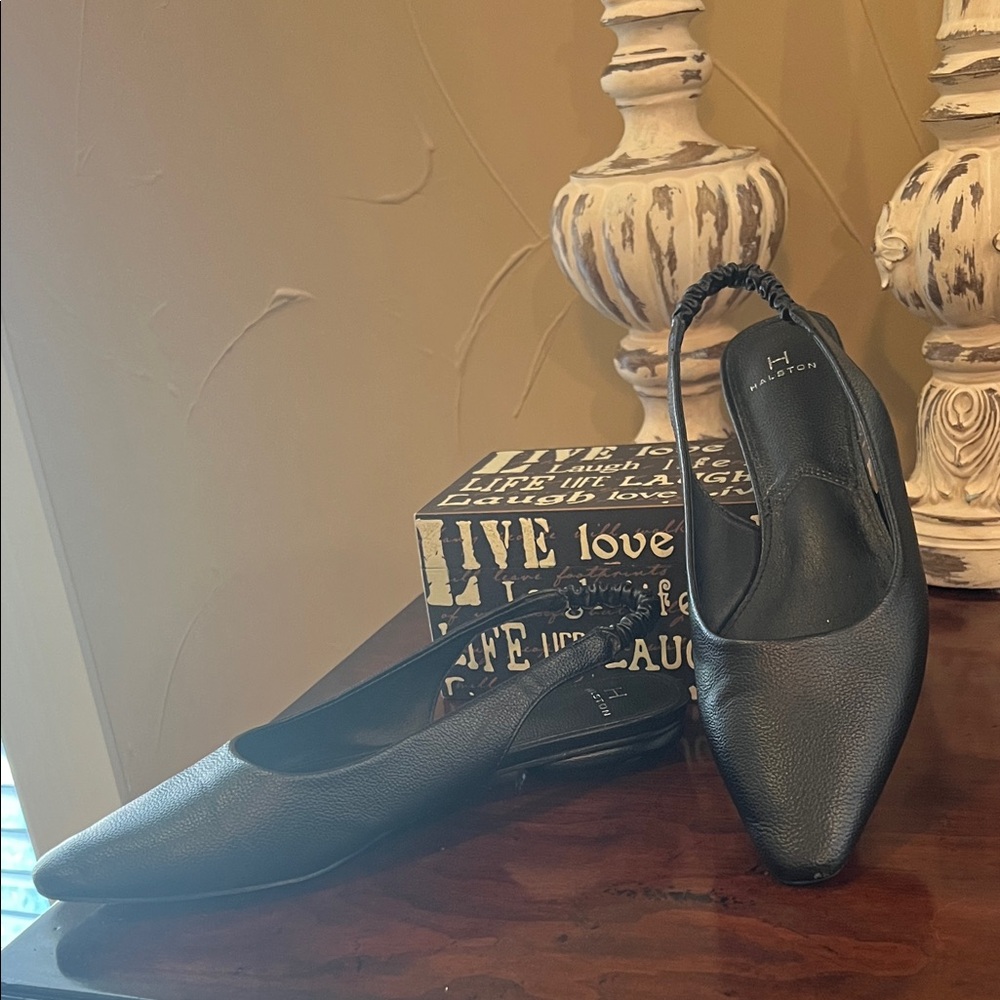 Halston Heritage Black Leather Pointed Slingback Heels - Picture 2 of 5